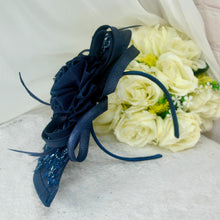Load image into Gallery viewer, Navy Blue Satin Clutch Bag &amp; Fascinator Matching Set | Bridal Wedding Guest Hat and Bag
