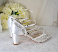 Load image into Gallery viewer, LAST ONE - Handmade Beaded Block Heel Bridal Sandals: Ivory Satin Shoes UK6/US8.5
