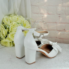Load image into Gallery viewer, Bridal Block Heel Sandals - White Satin Bow, Handmade Comfortable Wedding Shoes UK5 US7.5
