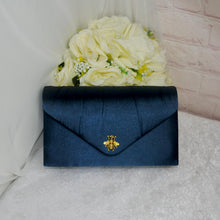 Load image into Gallery viewer, Elegant Navy Satin Clutch: Gold Bee Embellished Wedding Purse
