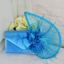 Load image into Gallery viewer, Blue Satin Clutch Bag &amp; Fascinator Set: Wedding Guest Hatinator
