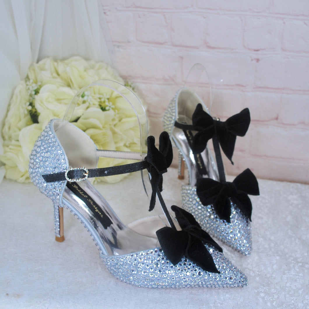 Luxury Silver Crystal Sandals with Black Velvet Bows