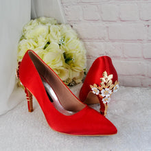 Load image into Gallery viewer, Red Satin Bridal Set: Handmade Heels, Clutch, Fascinator Hat

