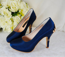 Load image into Gallery viewer, Navy Blue Satin Heels with Cherry Blossom Floral Heel Embellishment UK8/US10.5
