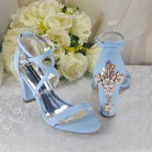 Load image into Gallery viewer, Navy Satin Bridal Sandals: Cherry Blossom Block Heel Wedding Shoes
