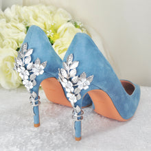 Load image into Gallery viewer, Blue Suede Heels: Silver Cherry Blossom Wedding Shoes - UK6/US8.5
