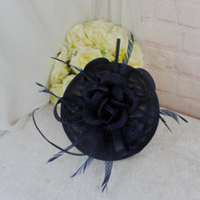 Load image into Gallery viewer, Navy Blue Wedding Fascinator Hat &amp; Clutch Bag Set: Handmade Bridal Accessories
