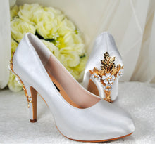 Load image into Gallery viewer, White Satin Wedding Heels: Gold Cherry Blossom Bridal Shoes UK5/US7.5
