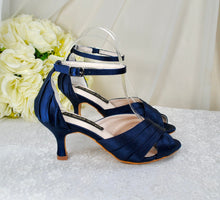 Load image into Gallery viewer, Navy Satin Bridal Sandals: Handmade Kitten Heel Wedding Shoes  • UK6/US8.5

