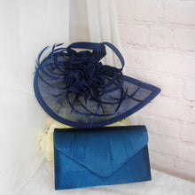 Load image into Gallery viewer, Handmade Navy Blue Satin Bridal Set: Heels, Clutch &amp; Fascinator
