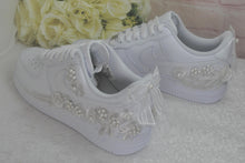 Load image into Gallery viewer, Bridal Air Force 1 Bright White Luxury Embroidered Sneakers, Genuine Nike, Bridal Shoes,  Wedding Nike, AF1 Wedding Shoes, Quinceañera Shoes

