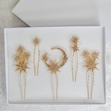 Load image into Gallery viewer, Silver or Gold Celestial Moon and Stars Bridal Hair Pins
