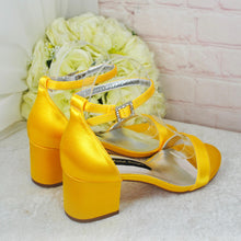 Load image into Gallery viewer, Yellow Block Heel Sandals: Satin Bridal Bridesmaid Shoes
