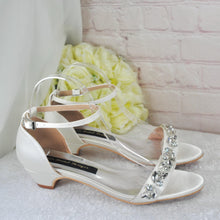 Load image into Gallery viewer, Ivory Satin Wedding Sandals: Low Block Heel Bridal Shoes with Ankle Strap  • UK6/US8.5
