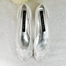 Load image into Gallery viewer, Ivory Satin Bridal Sandals - Flat Wedding Shoes With Floral Embroidery &amp; Lace • UK4/US6.5
