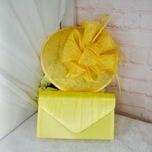 Load image into Gallery viewer, Yellow Satin Bridal Set: Shoes, Clutch Bag &amp; Sinamay Fascinator Hat
