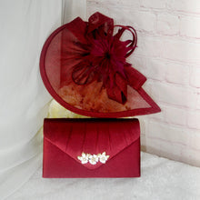 Load image into Gallery viewer, Burgundy Red Satin Bridal Set: Heels, Clutch &amp; Fascinator
