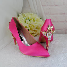 Load image into Gallery viewer, Hot Pink Satin Heels: Golden Cherry Blossom Bridal Shoes
