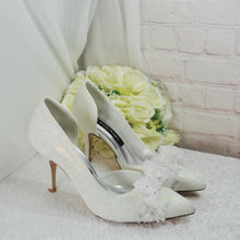 Load image into Gallery viewer, Ivory Shimmer Wedding Heels: Handmade Satin Bridal Shoes with Pearl &amp; Sequin Bow UK5/US7.5
