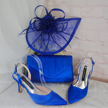 Load image into Gallery viewer, Royal Blue Satin Sling Back Heels, Clutch &amp; Fascinator Set: Handmade Wedding Guest Outfit
