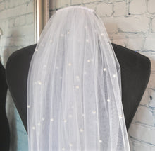 Load image into Gallery viewer, White Wedding Pearl Veil – Hand Beaded Pearl Veil with Silver Comb | Up to Cathedral Length
