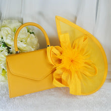 Load image into Gallery viewer, Mustard Yellow Fascinator Hat &amp; Textured Bag Set
