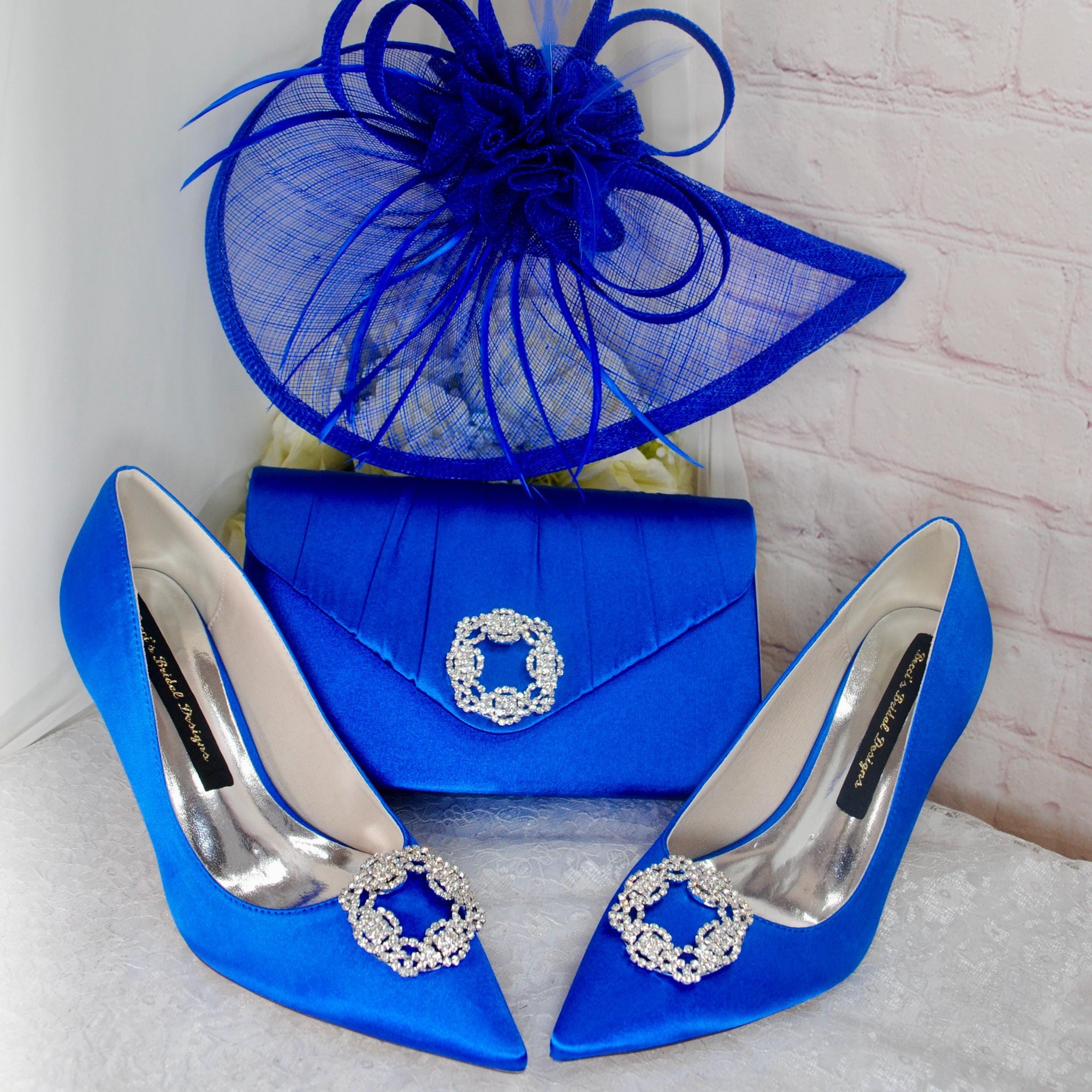 Silver Shoes With Royal Blue Dress Royal Blue Satin Heels, Clutch Bag and Fascinator Hat Matching Silver Shoes With Royal Blue Dress Royal Blue Satin Heels, Clutch Bag and Fascinator Hat Matching