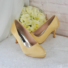 Load image into Gallery viewer, Gold Satin Wedding Heels: Custom Bridal Shoes, Comfortable Mid Heel • Size UK5/US7.5
