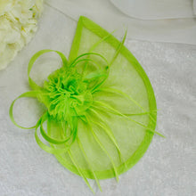 Load image into Gallery viewer, Handmade Lime Green Fascinator Hat and Satin Clutch Bag Set
