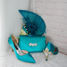 Load image into Gallery viewer, Teal Satin Bridal Set: Handmade Clutch, Fascinator, Heels
