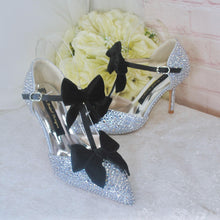 Load image into Gallery viewer, Luxury Silver Crystal Sandals with Black Velvet Bows
