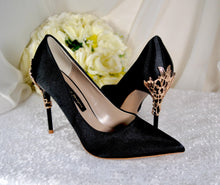 Load image into Gallery viewer, Black Satin Bridal Pumps – Gold Leaf Shoes UK4 / US6.5
