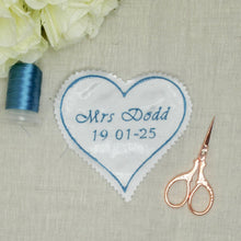 Load image into Gallery viewer, Sew On Wedding Dress Patch Something blue Custom Patch Personalised Wedding Label Bride Something Blue Wedding Heart
