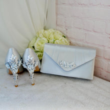 Load image into Gallery viewer, Silver Grey Satin Bridal Shoe Set: Handmade Heels, Clutch &amp; Fascinator
