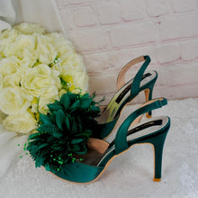 Load image into Gallery viewer, Emerald Green Satin Slingback Heels: Handmade Bridal Shoes Size UK5/US7.5
