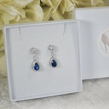 Load image into Gallery viewer, Sapphire Blue Cubic Zirconia Drop Earrings, 14K Silver Plated Bridal Jewelry (2.7cm)
