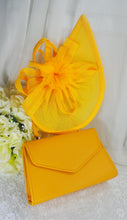 Load image into Gallery viewer, Mustard Yellow Fascinator Hat &amp; Textured Bag Set
