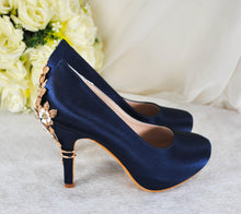 Load image into Gallery viewer, Navy Blue Satin Heels with Cherry Blossom Floral Heel Embellishment UK8/US10.5
