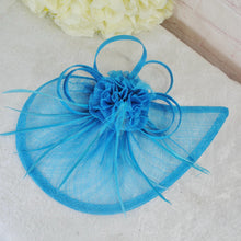 Load image into Gallery viewer, Blue Satin Clutch Bag &amp; Fascinator Set: Wedding Guest Hatinator
