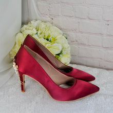 Load image into Gallery viewer, Burgundy Red Satin Bridal Set: Heels, Clutch Bag &amp; Fascinator Hat
