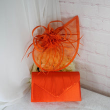 Load image into Gallery viewer, Orange Satin Clutch Bag and Fascinator Set, Handmade Bridal Hatinator
