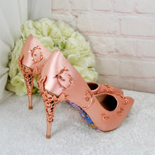 Load image into Gallery viewer, Blush Pink Satin Bridal Shoes with Rose Gold Filigree Vines
