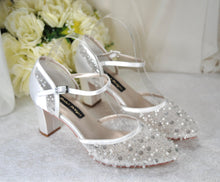 Load image into Gallery viewer, LAST ONE - Handmade Beaded Block Heel Bridal Sandals: Ivory Satin Shoes UK6/US8.5
