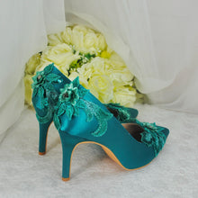 Load image into Gallery viewer, Teal Fascinator Hat, Clutch &amp; Heels: Handmade Satin Bridal Set
