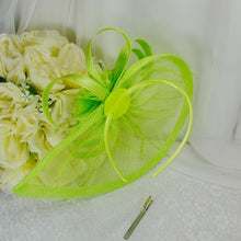 Load image into Gallery viewer, Handmade Lime Green Fascinator Hat and Satin Clutch Bag Set
