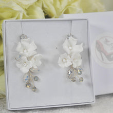 Load image into Gallery viewer, Statement Bridal Earrings, Floral Drop Wedding Jewelery, Swarovski Crystal Porcelain White Flower
