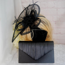 Load image into Gallery viewer, Black Fascinator and Clutch Bag Set: Handmade Bridal Satin Purse &amp; Sinamay Hatinator Set
