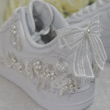 Load image into Gallery viewer, Bridal Air Force 1 Bright White Luxury Embroidered Sneakers, Genuine Nike, Bridal Shoes,  Wedding Nike, AF1 Wedding Shoes, Quinceañera Shoes
