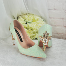 Load image into Gallery viewer, Sage Green Shimmer Heels: Cherry Blossom Bridal Shoes UK6/US8.5
