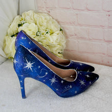 Load image into Gallery viewer, Blue Satin Celestial Wedding Shoes: Hand-Painted Galaxy Bridal Heels UK7.5/US10
